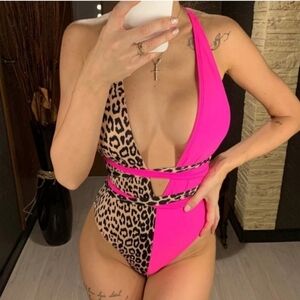 New Sexy Pink and Leopard Multi Wrap One piece Swimsuit Size S